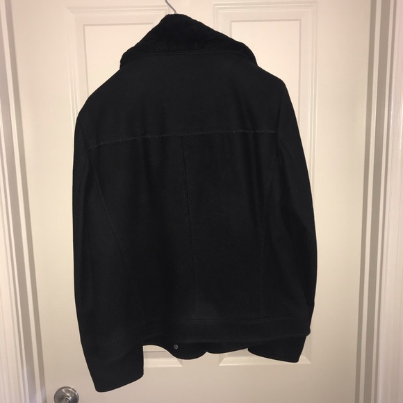 Hugo Boss Black Pea Coat with Faux Fur Collar